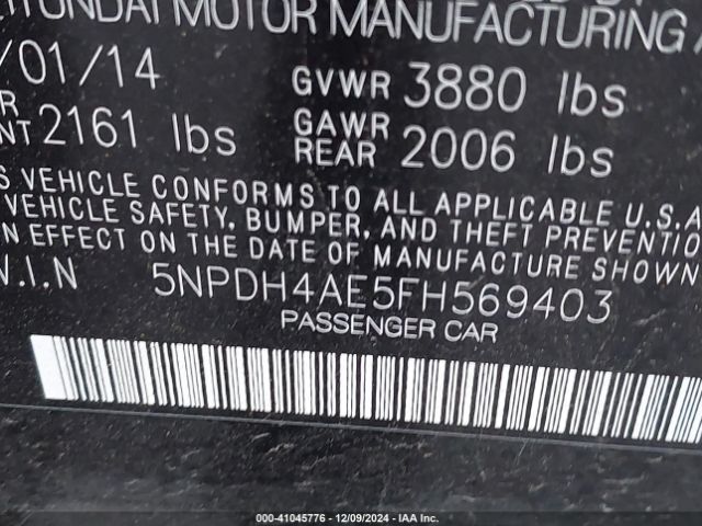 5NPDH4AE5FH569403 Hyundai Elantra Limited