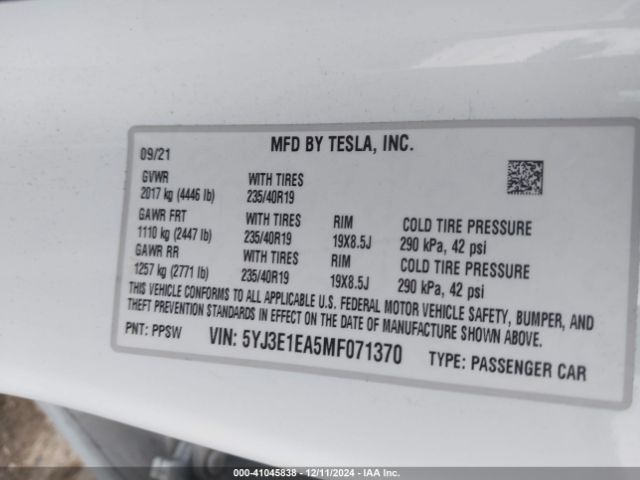 5YJ3E1EA5MF071370 Tesla Model 3 Standard Range Plus Rear-wheel Drive