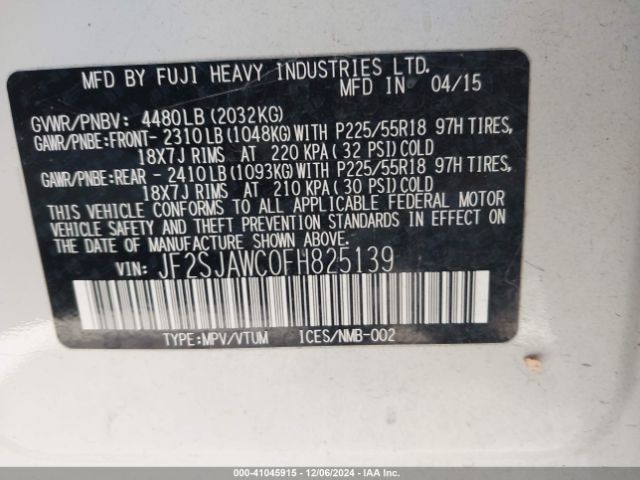 JF2SJAWC0FH825139 Subaru Forester 2.5i Touring