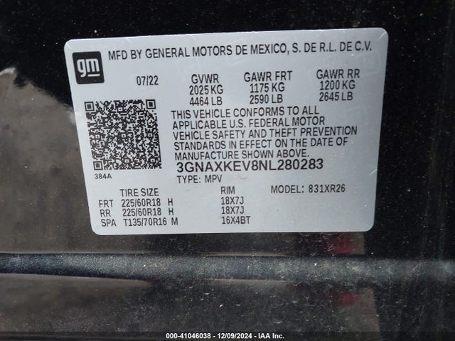 3GNAXKEV8NL280283 Chevrolet Equinox Fwd Lt