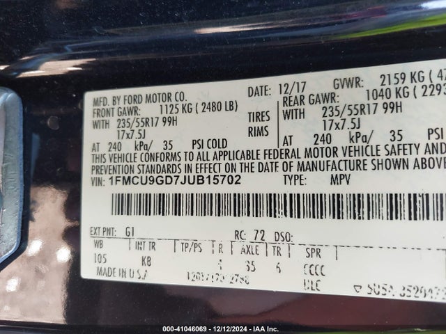 1FMCU9GD7JUB15702 Ford ESCAPE SE
