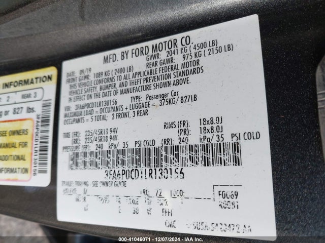 3FA6P0CD1LR130156 Ford FUSION SEL
