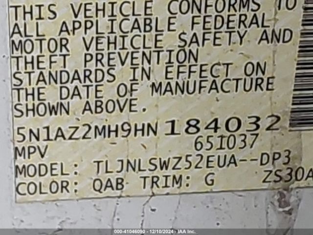 5N1AZ2MH9HN184032 Nissan Murano Platinum