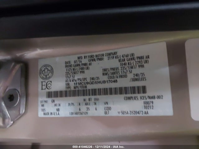 1FMCU9GDXHUB17048 Ford ESCAPE SE