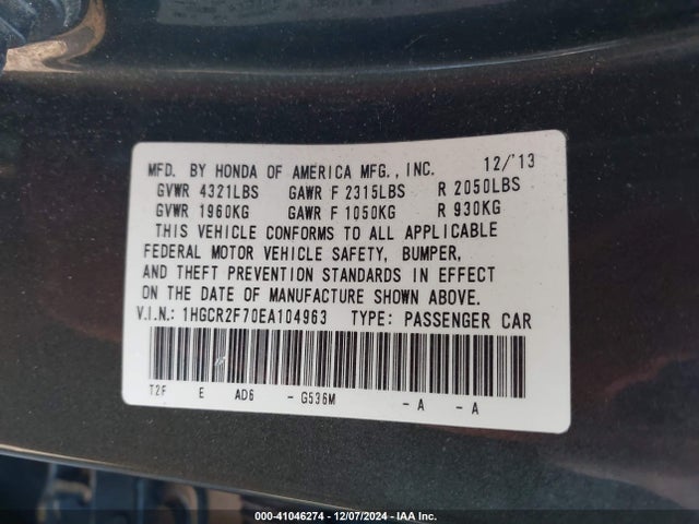 Honda ACCORD EX 2014 1HGCR2F70EA104963 Image 9