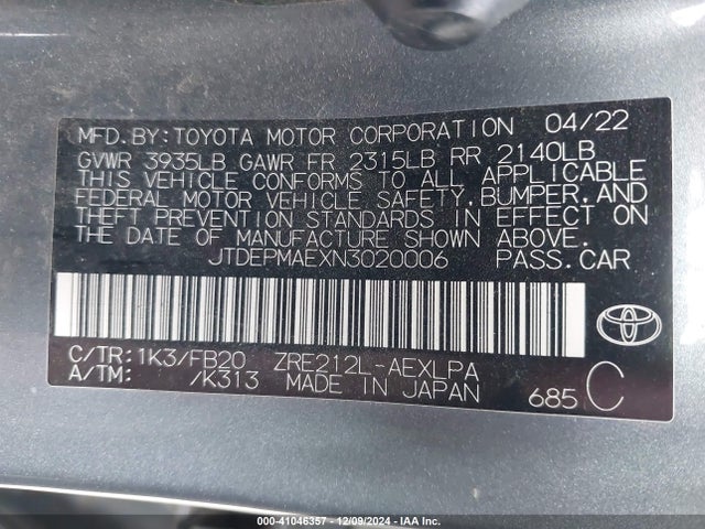 Toyota COROLLA LE 2022 JTDEPMAEXN3020006 Image 9