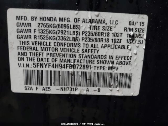 5FNYF4H94FB072891 Honda Pilot Touring