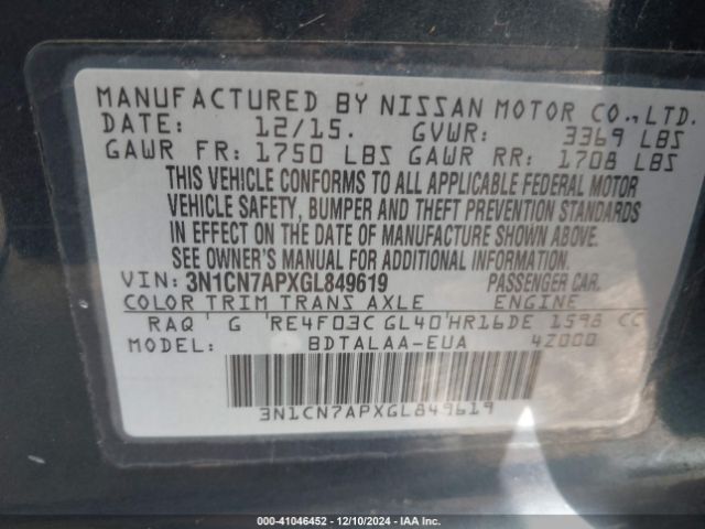 3N1CN7APXGL849619 Nissan Versa 1.6 S