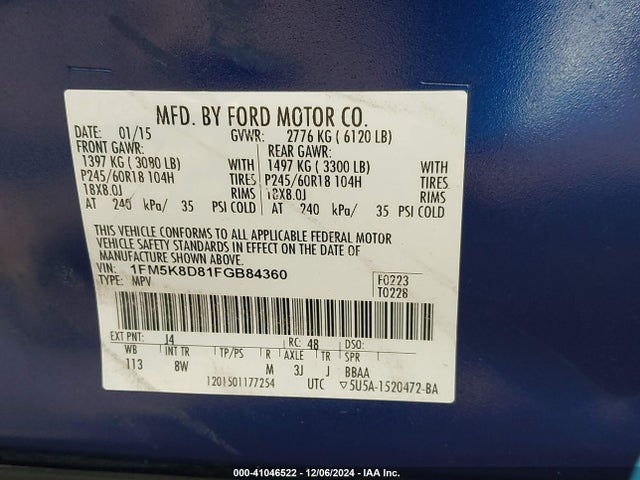 41046522 :رقم المزاد ، 1FM5K8D81FGB84360 vin ، 2015 Ford Explorer Xlt مزاد بيع