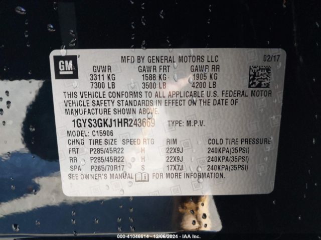 1GYS3GKJ1HR243669 Cadillac Escalade Esv Standard