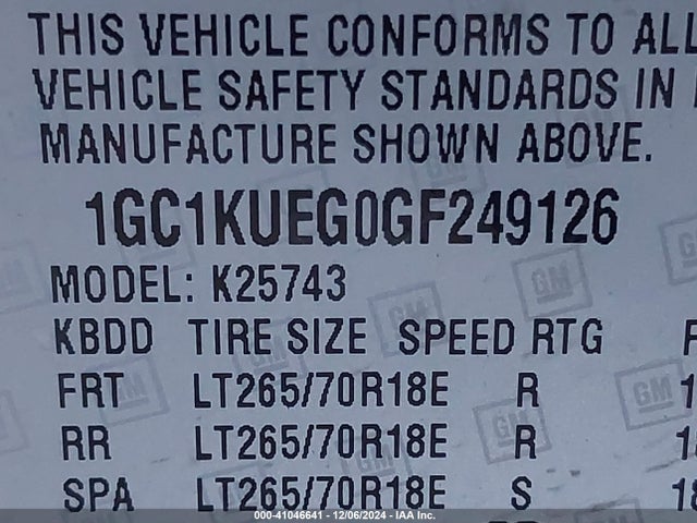1GC1KUEG0GF249126 Chevrolet Silverado 2500hd Wt