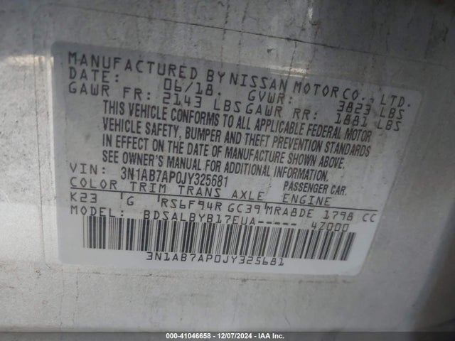 3N1AB7AP0JY325681 Nissan SENTRA S
