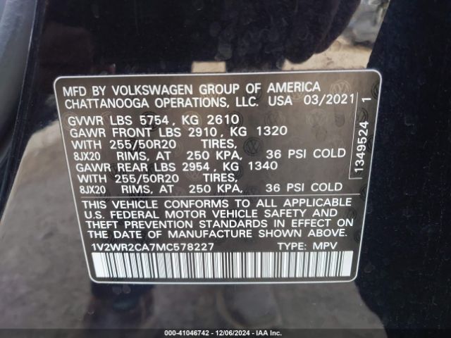 1V2WR2CA7MC578227 Volkswagen Atlas 3.6l V6 Se W/technology
