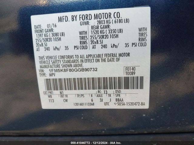 Ford Explorer Limited 2016 1FM5K8F80GGB90732 Image 9