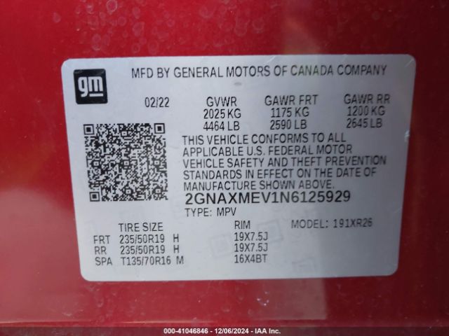 2GNAXMEV1N6125929 Chevrolet Equinox Fwd Rs
