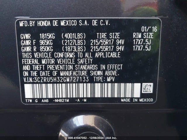 Honda HR-V LX 2016 3CZRU5H32GM727133 Image 9
