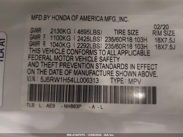 5J6RW1H54LL006313 Honda Cr-v 2wd Ex