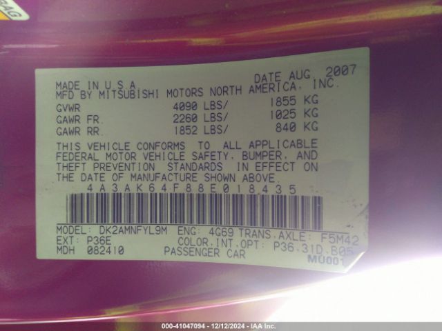 2008 MITSUBISHI ECLIPSE 4A3AK64F88E018435 Photo 8