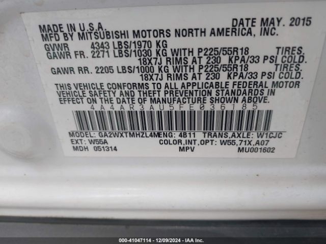 4A4AR3AU5FE036185 Mitsubishi Outlander Sport Es