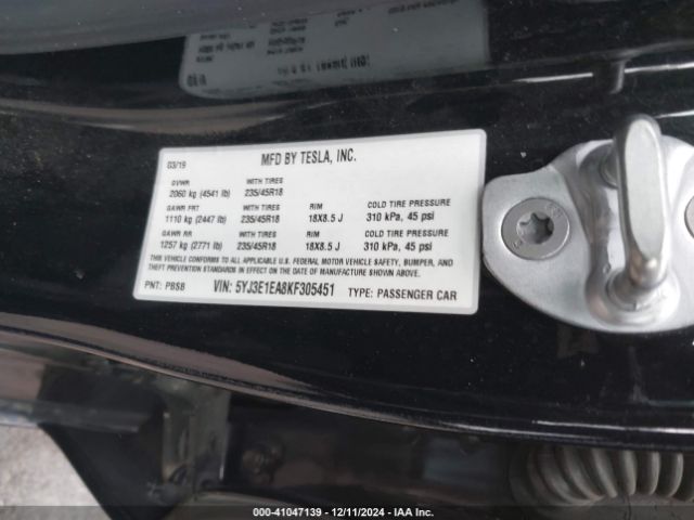 5YJ3E1EA8KF305451 Tesla Model 3 Long Range/mid Range/standard Range/standard Range Plus