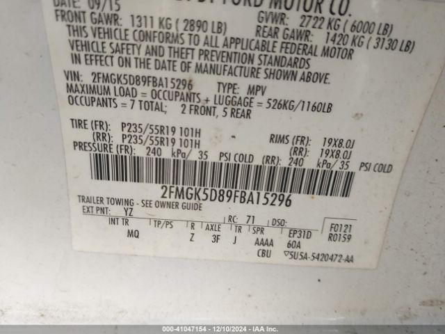 2FMGK5D89FBA15296 Ford Flex Limited