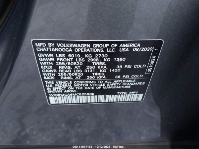 1V2BR2CA6MC525985 Volkswagen Atlas 3.6l V6 Sel