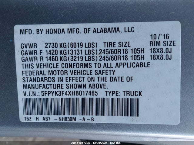 Honda Ridgeline Rts 2017 5FPYK3F4XHB017465 Image 9