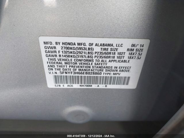 5FNYF3H66EB028860 Honda Pilot Ex-l