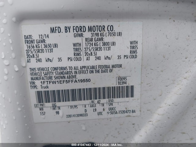 2015 Ford F-150 Platinum მანქანა იყიდება აუქციონზე, vin: 1FTFW1EF5FFA19550, აუქციონის ნომერი: 41047443