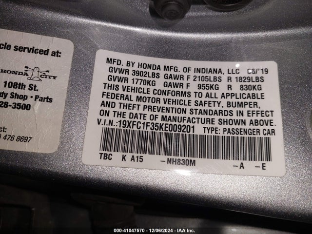 Honda CIVIC EX 2019 19XFC1F35KE009201 Image 9