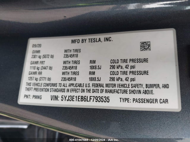 2020 TESLA MODEL 3 5YJ3E1EB6LF793535 Photo 8