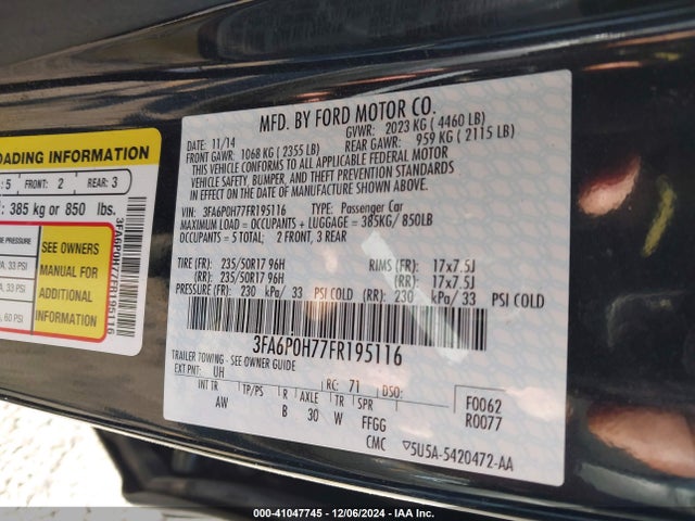Ford FUSION SE 2015 3FA6P0H77FR195116 Image 9