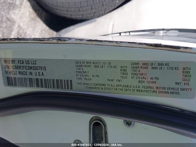1C6RR7FG3MS507910 RAM 1500 Classic Tradesman  4x4 6'4 Box
