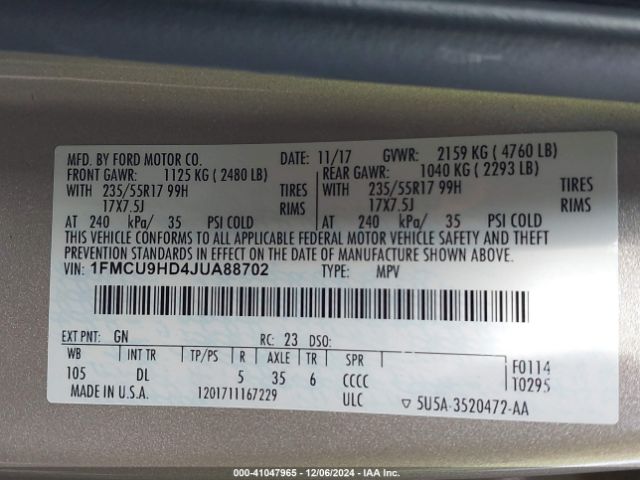 1FMCU9HD4JUA88702 Ford ESCAPE SEL