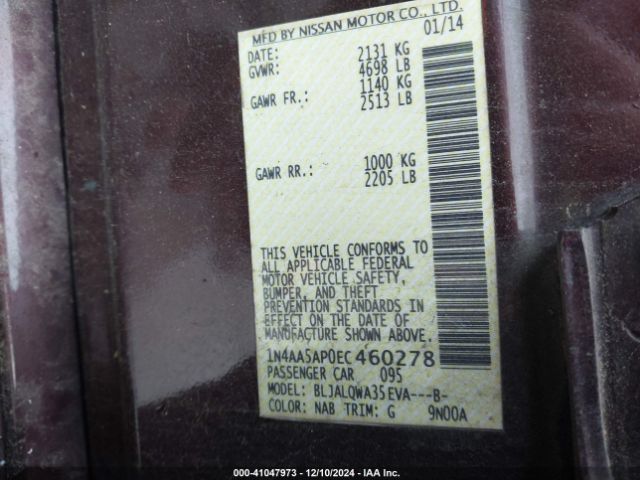 1N4AA5AP0EC460278 Nissan Maxima 3.5 S/3.5 Sv