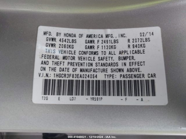 1HGCR3F83EA024054 Honda Accord Ex-l V-6