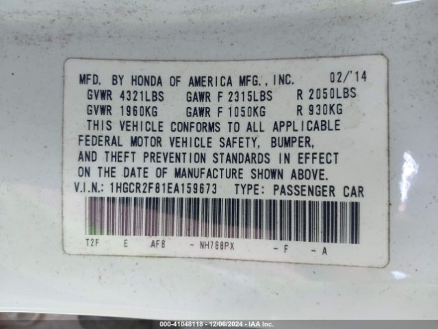 1HGCR2F81EA159673 Honda Accord Ex-l
