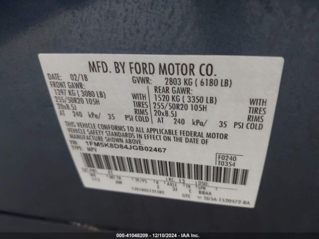 1FM5K8D84JGB02467 Ford EXPLORER XLT