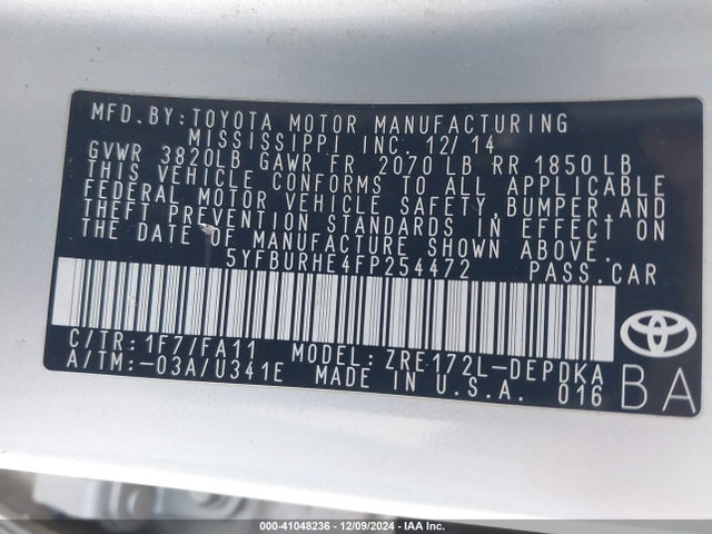 5YFBURHE4FP254472 Toyota COROLLA L
