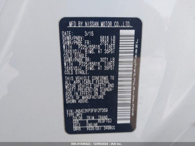 JN8AE2KP3F9127359 Nissan Quest Platinum/s/sl/sv