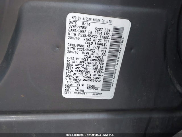 Nissan Murano Le 2014 JN8AZ1MW4EW524002 Image 9