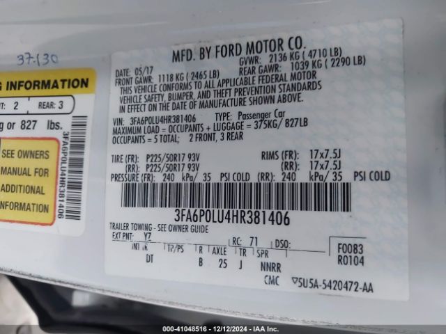3FA6P0LU4HR381406 Ford Fusion Hybrid Se