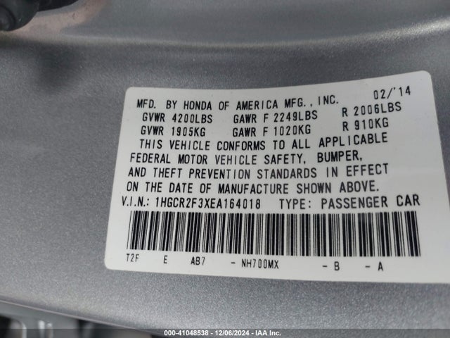 Honda ACCORD LX 2014 1HGCR2F3XEA164018 Image 9