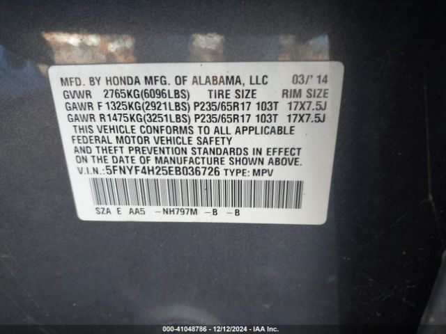 5FNYF4H25EB036726 Honda PILOT LX
