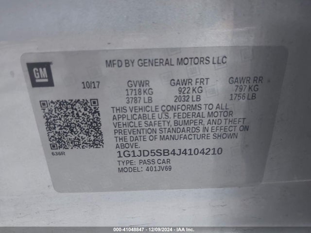 1G1JD5SB4J4104210 Chevrolet Sonic Lt Auto