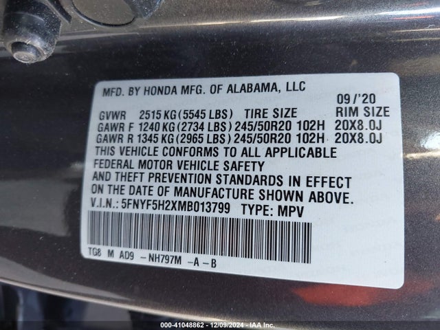 Honda Pilot 2wd Special Edition 2021 5FNYF5H2XMB013799 Image 9