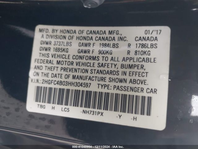 2HGFC4B03HH304597 Honda Civic Lx-p