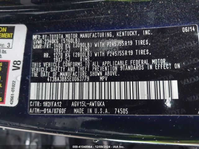 4T3BA3BB5EU063779 Toyota VENZA LE