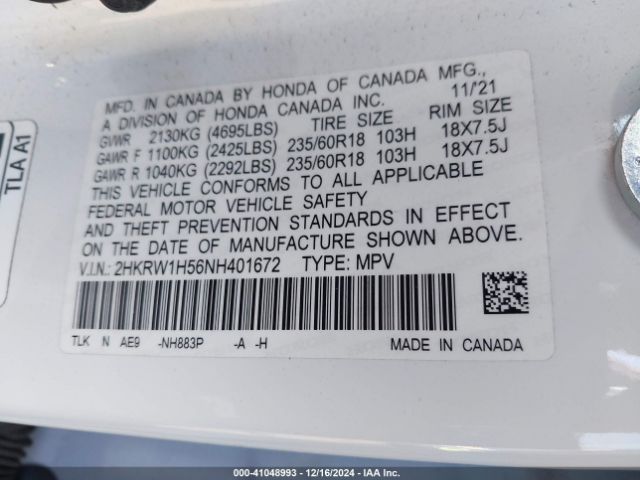 2HKRW1H56NH401672 Honda Cr-v 2wd Ex