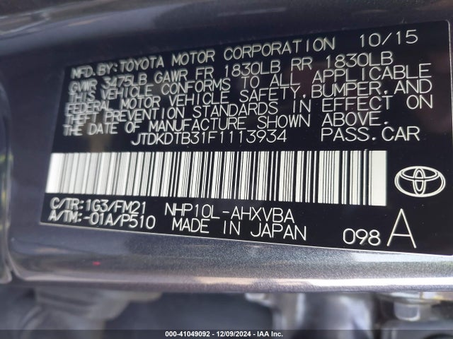 JTDKDTB31F1113934 Toyota Prius C Two